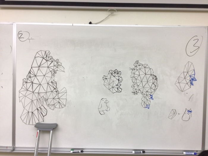 another whiteboard full of attempted drawings of the hyperbolic tesselation