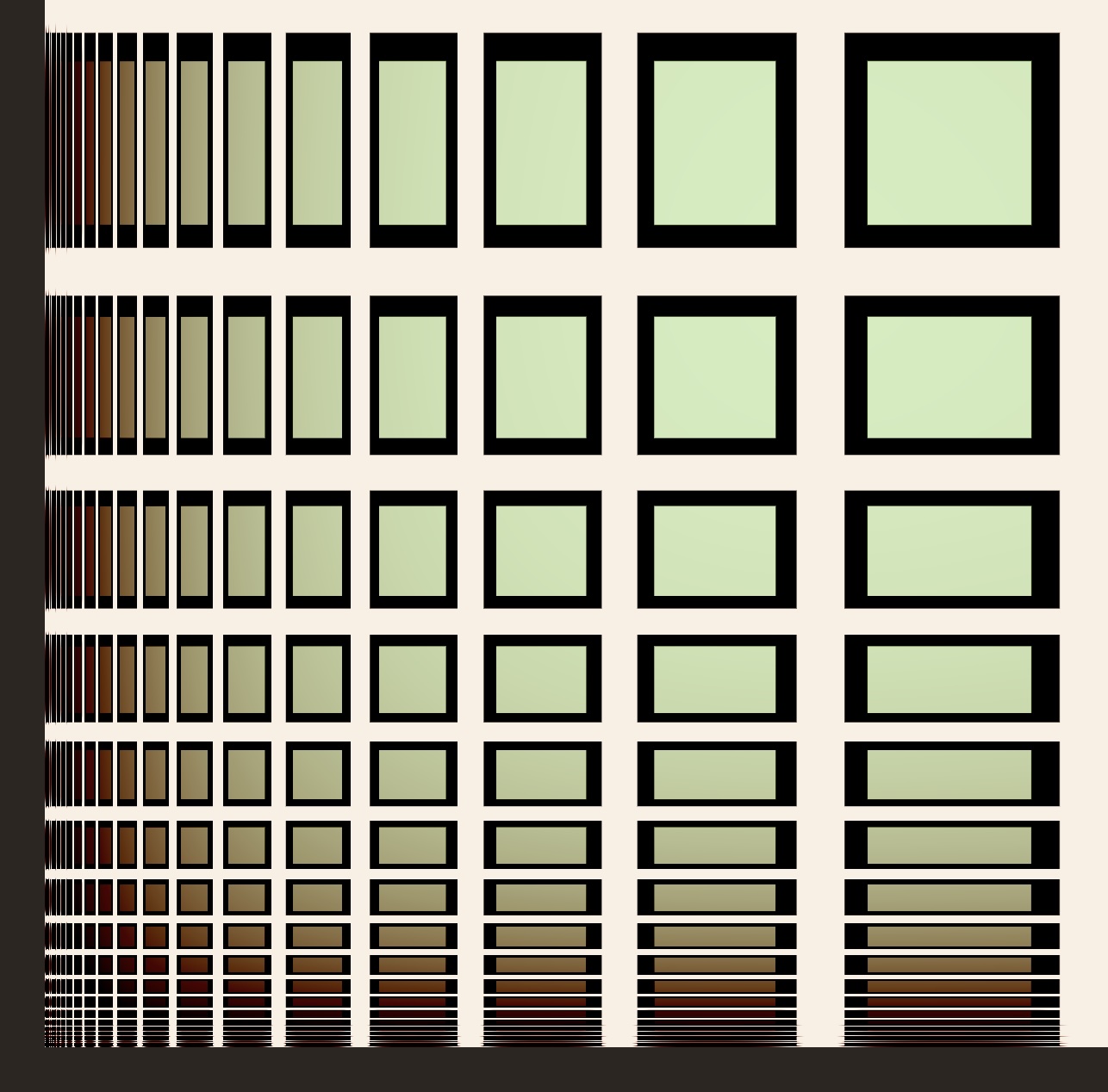 A grid with unevenly spaced tick-marks. The ticks are closer together around 0 