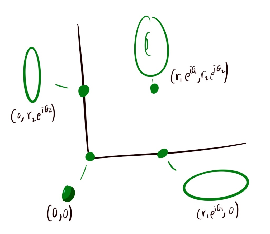 Drawing the axis of R^2, in the positive quadrent, above a point in the middle there is a torus. Above the boundary lines, there is a circle. Above the origin, a point 