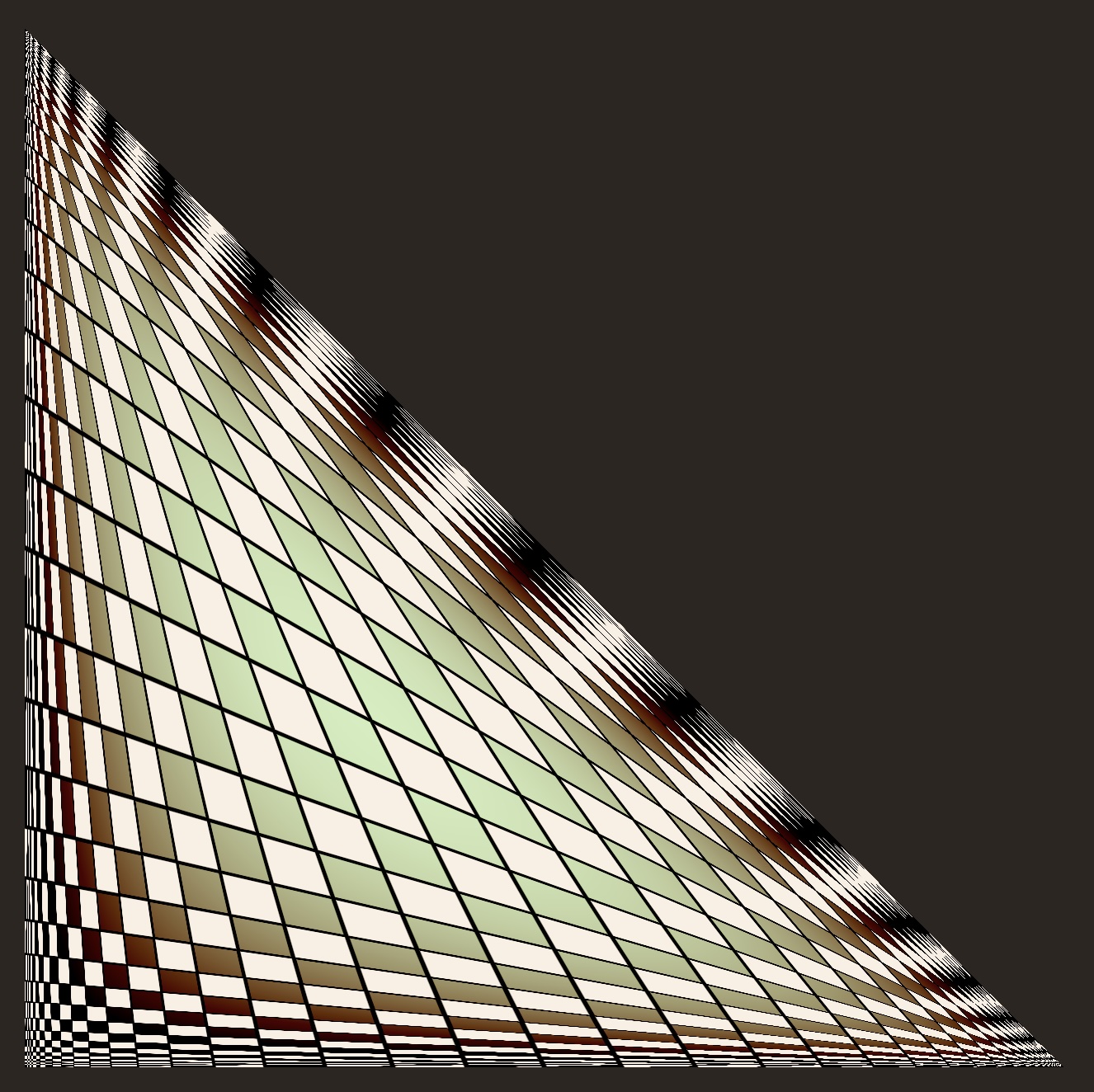 A tiling filling up a right triangle, each tile a parralelogram  of different shape with margin inbetween it and the others.