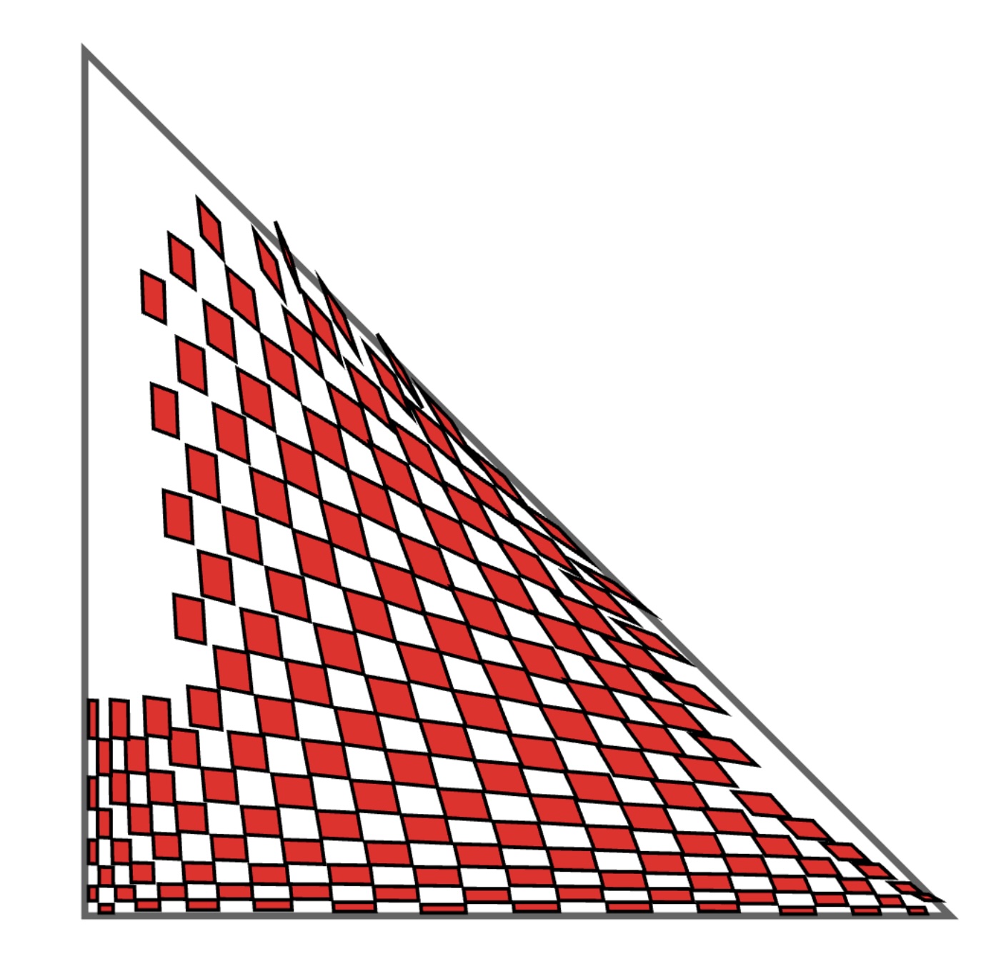 A triangle with a red and white checer pattern. the checkers shrink to a line on the x and y axis, and on the hypotenuse it collapses into a diagonal. It doesnt quite go all the way to the edge
