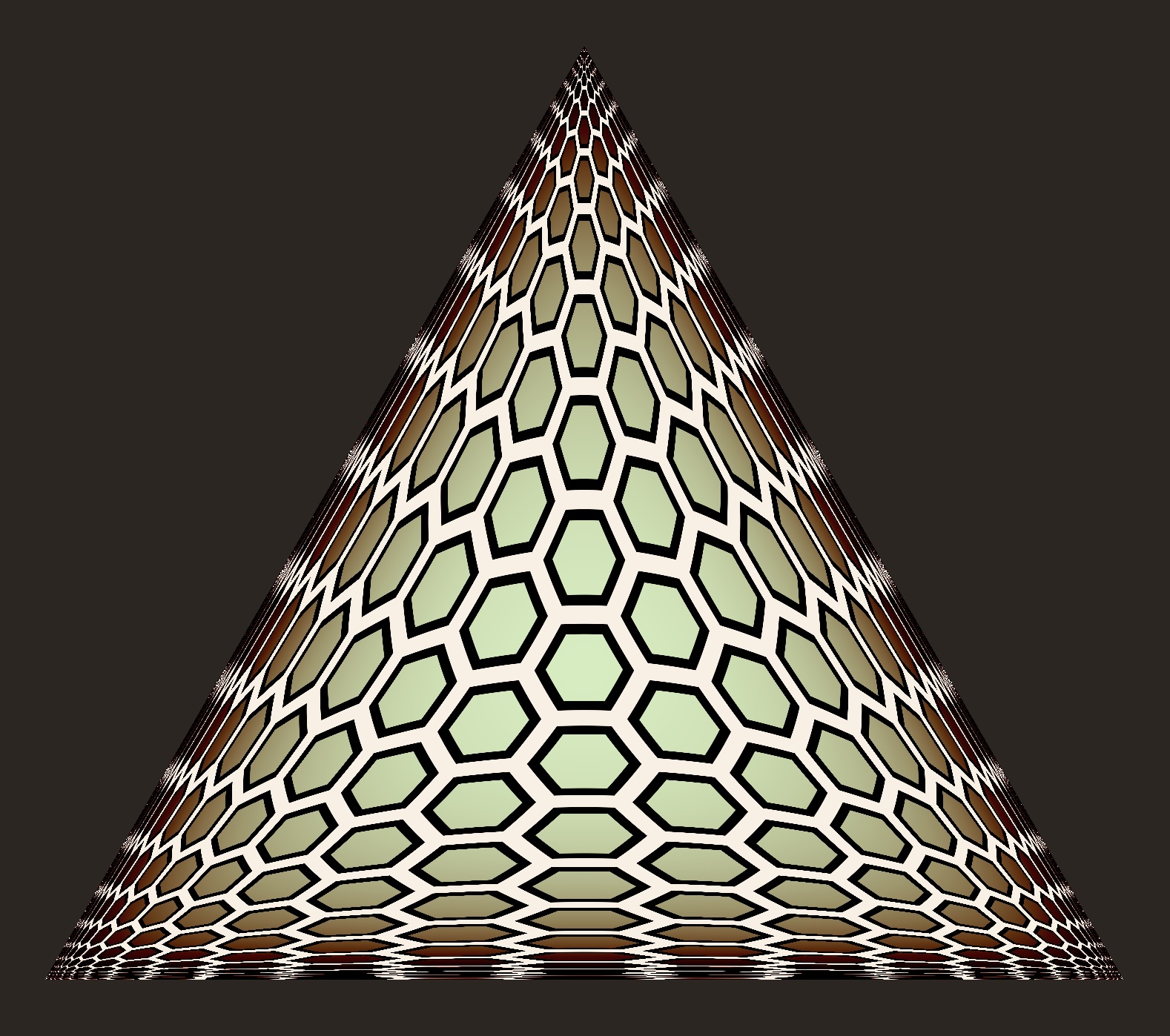 a equqilateral triangle with a hexagonal grid. In the center, the grid is a regular. Moving towards the edge, the hexagonal tile degenerates into a line. Moving to the vertex, the tile degenerates to a point