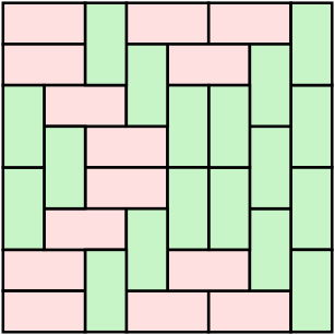 a grid filled with dominos. Vertical dominos are green, horizontal are red