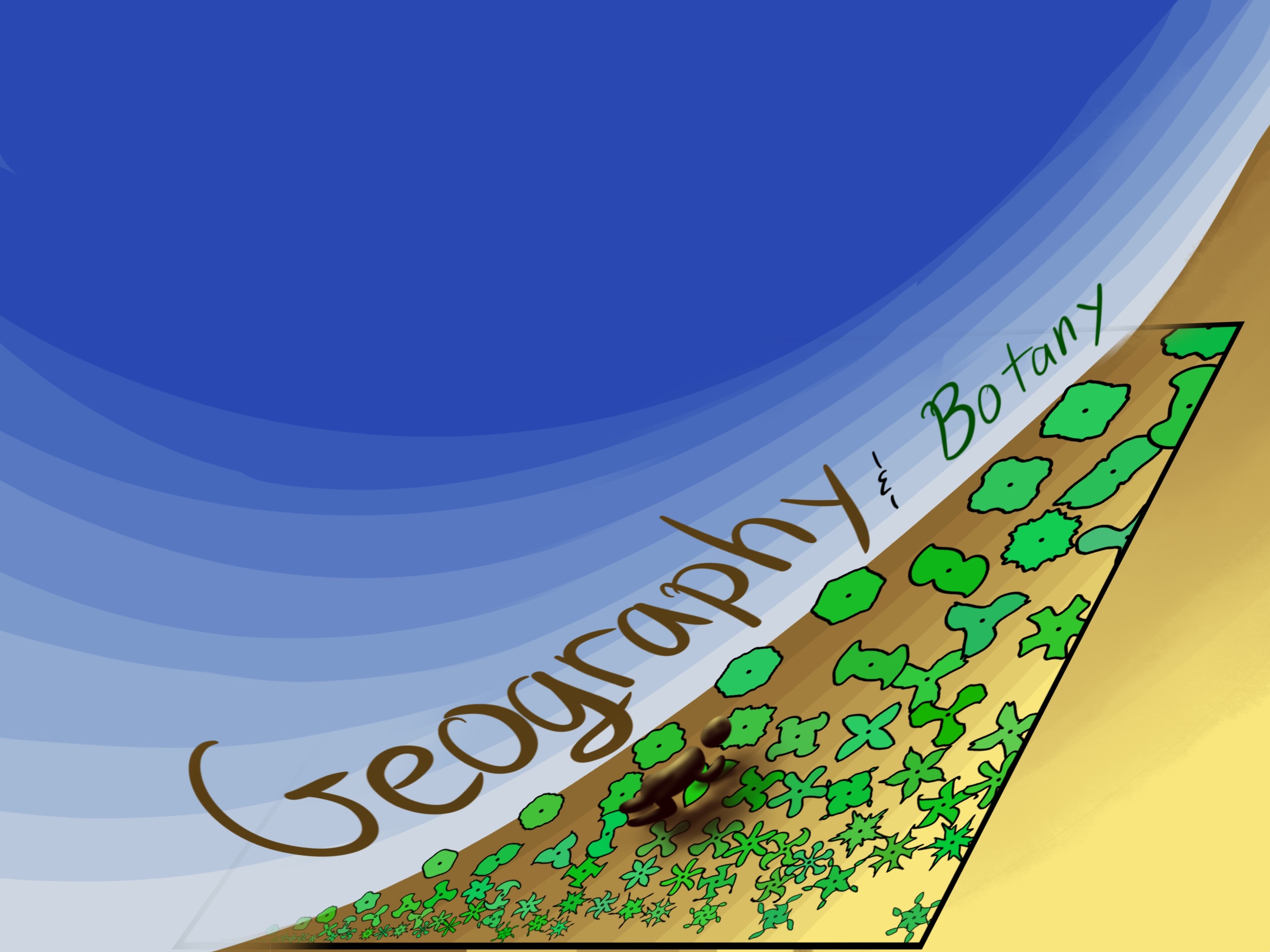 the isoperemetric island, covered with flowers. A lone mathematician crawls on the ground with a magnifying glass, examining the flowers