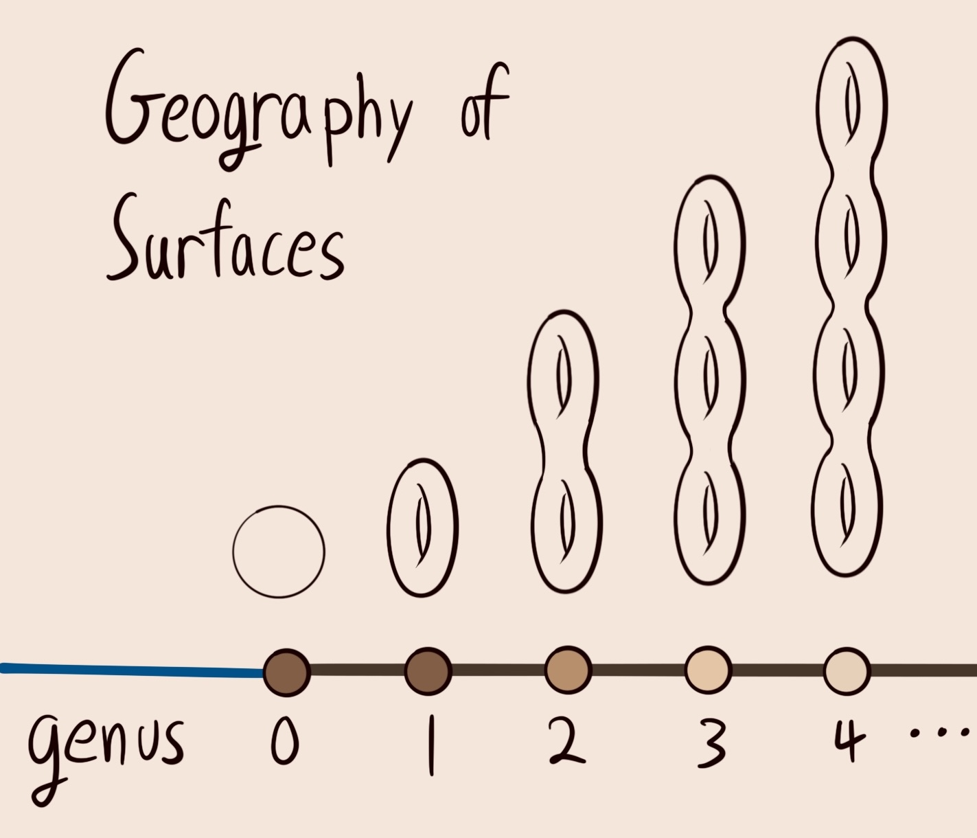 On x axis, labeled genus, the natural numers are highlighted. Above each nmber, a drawing of a surface with genus equal to n. Labeled the geography of surfaces