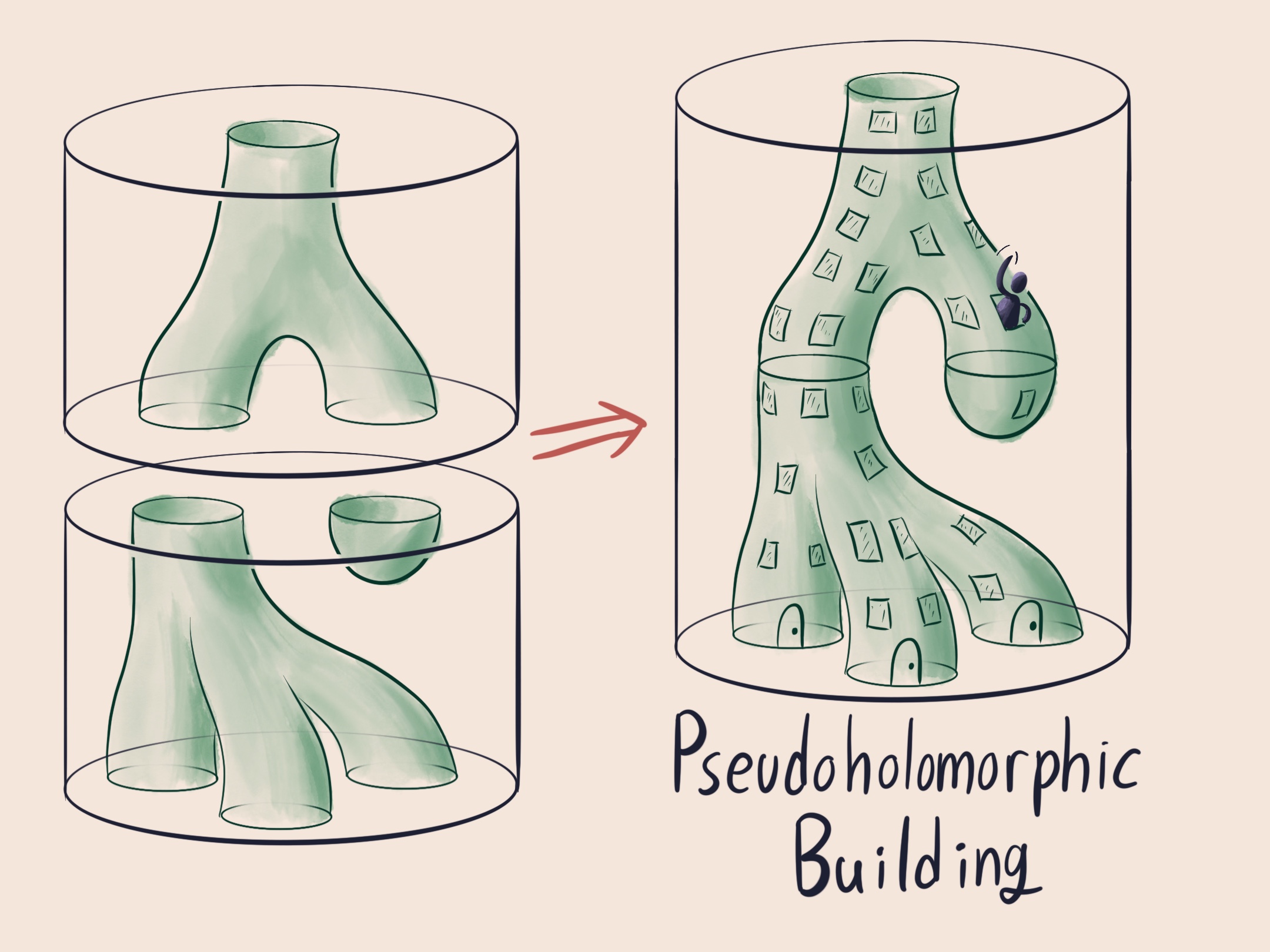 on the left, two surfaces in two cylinders with matching ends. On the right, the two cylinders together, with windows and a door, called a building