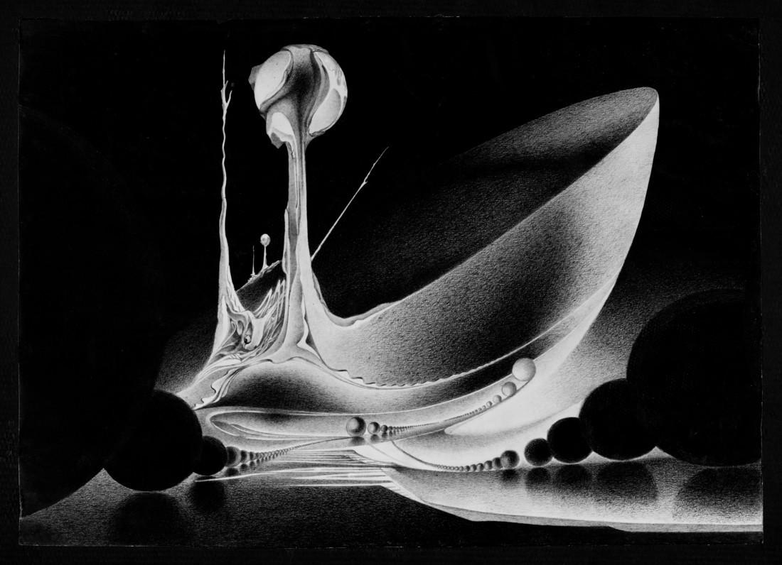 a dramatic black and white ink drawing, of a space full of spheres