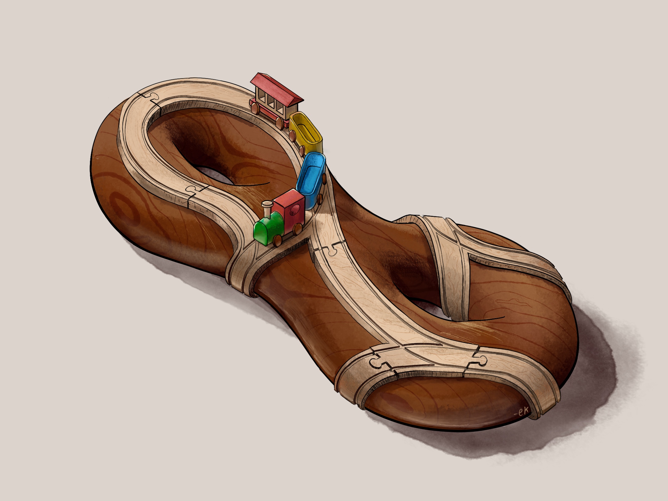 a genus 2 surface, with a toy wooden train riding around. 