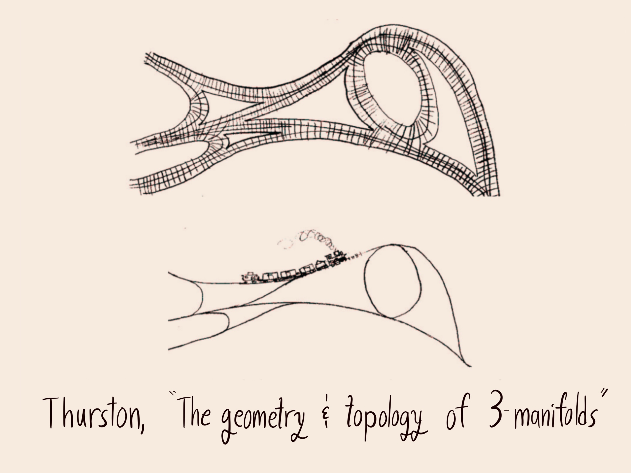 at top, a doodle of a thick set of train tracks. At bottom, a single curve, with a train drawn on.