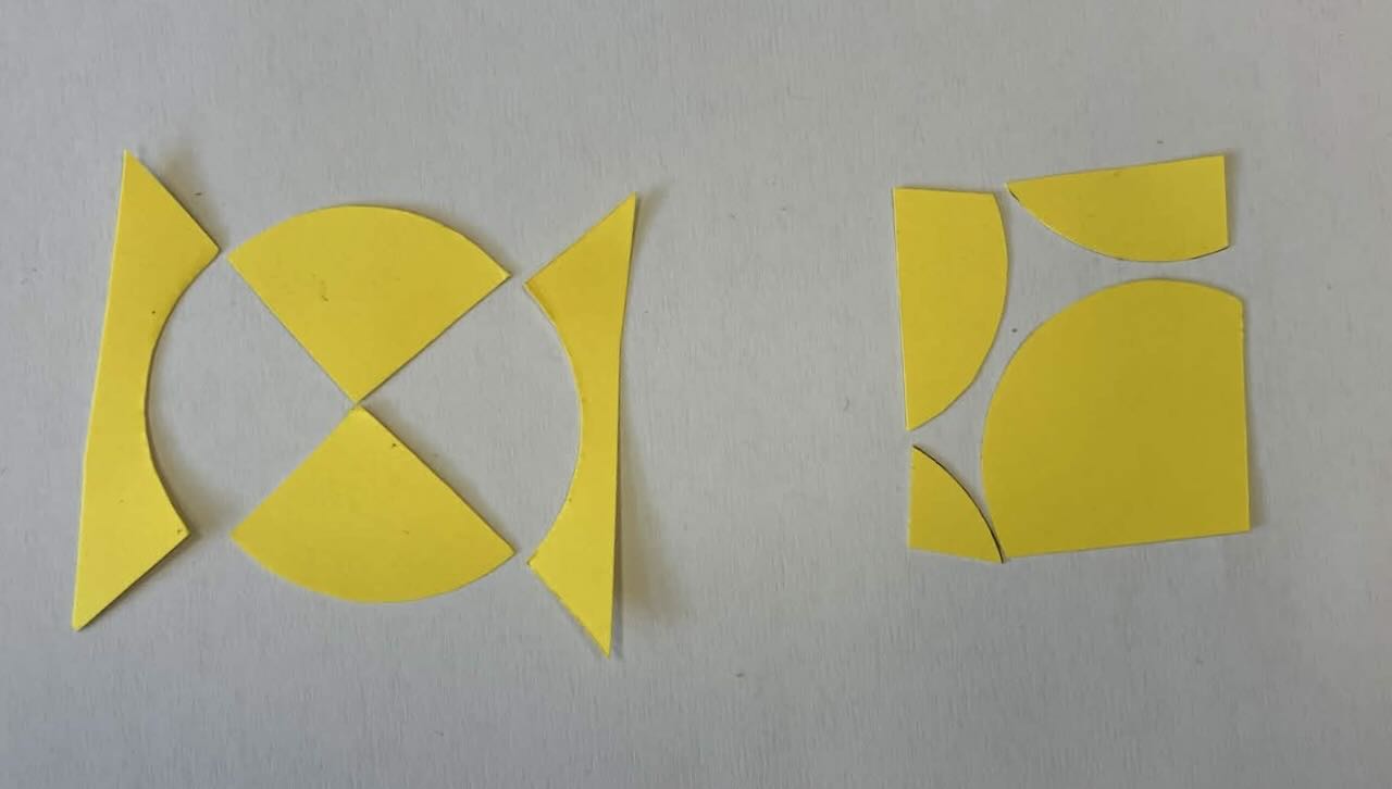 on the right, a circle rearranged to become a square. on the left, a square rearranged to become a circle