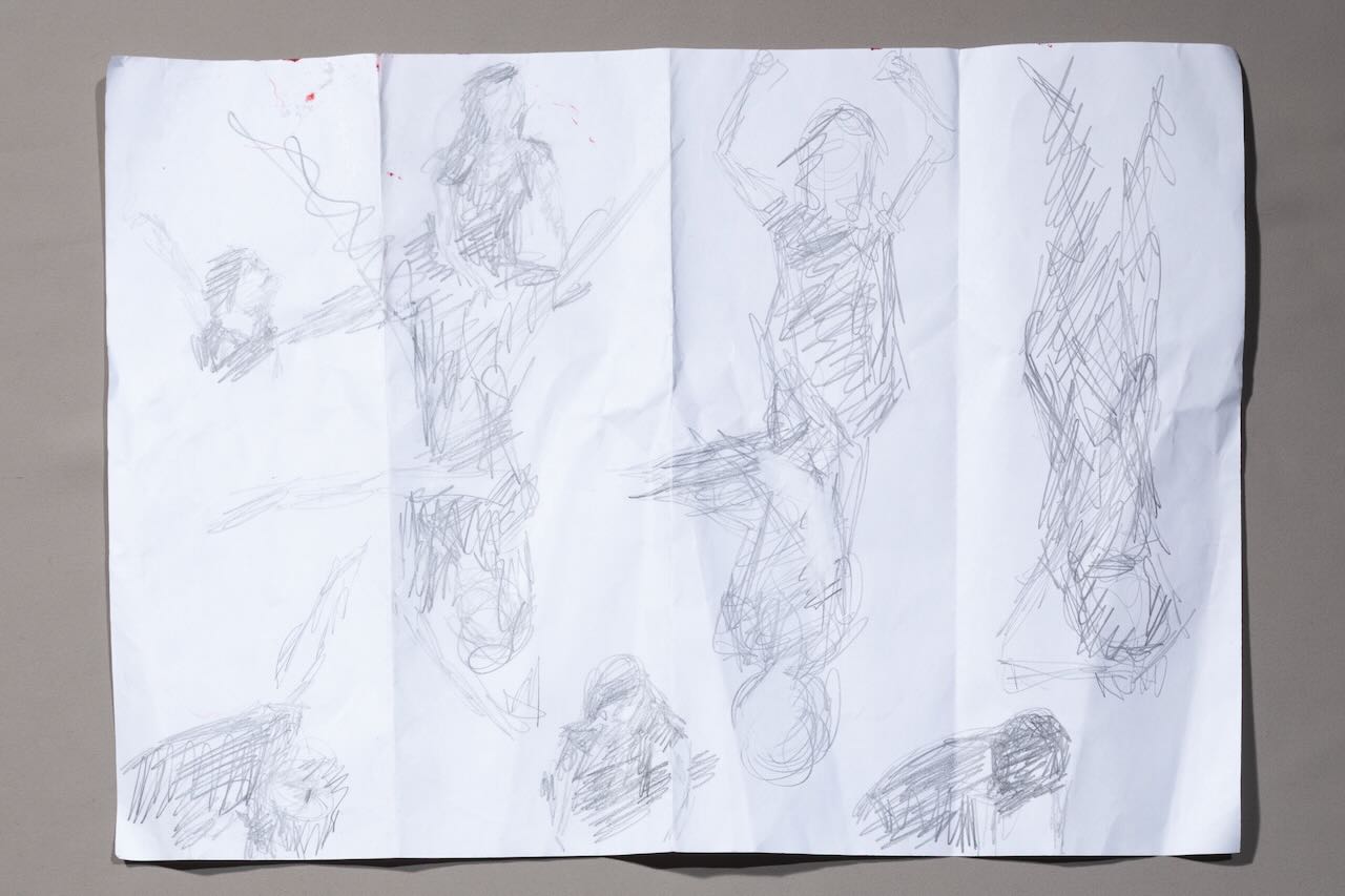 many quickly drawn figures, in various poses, filling the page