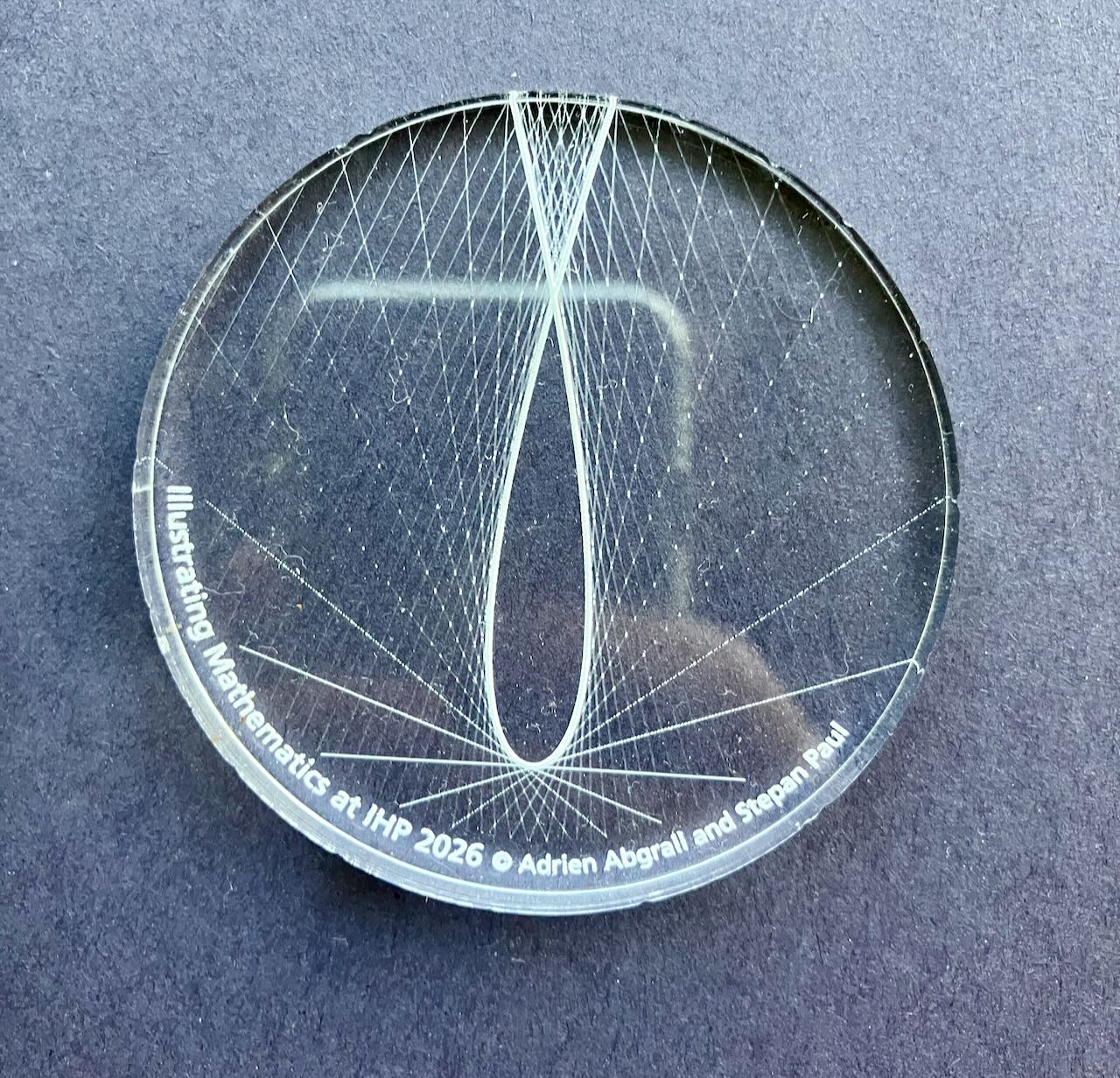 a small acrylic disc, with a funny curve twisting around. The tangents of the curve are marked