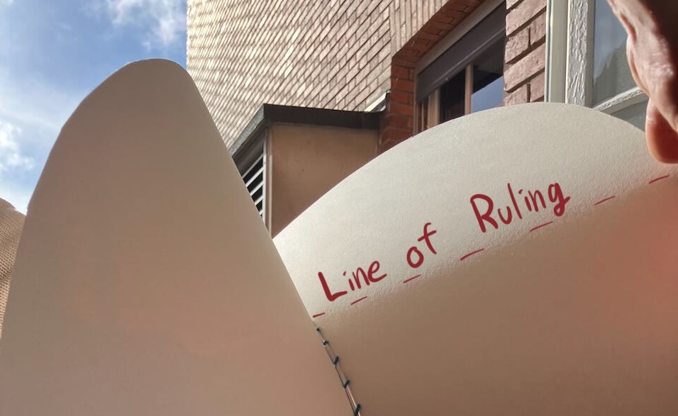 A piece of a developable surface, with part illuminated and part in shadow. The line between them is labeled as the line of ruling