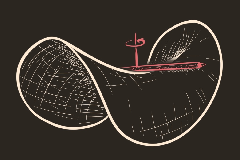 A saddle shape with a pencil on top. It lies tangent to the surface, facing along an asymptotic line.