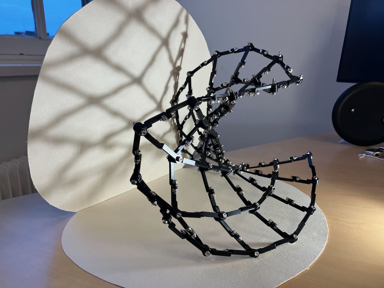 A black 3D printed figure, forming a grid in three dimensional space. The grid is bending all crazy