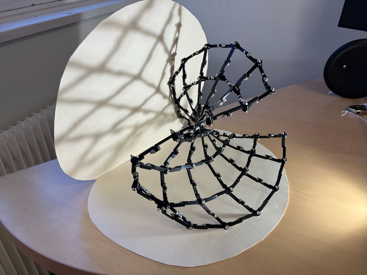 A black 3D printed figure, forming a grid in three dimensional space. We are looking along one of the lines of the grid. The oppisite direction has lines winding around the grid in a spiral