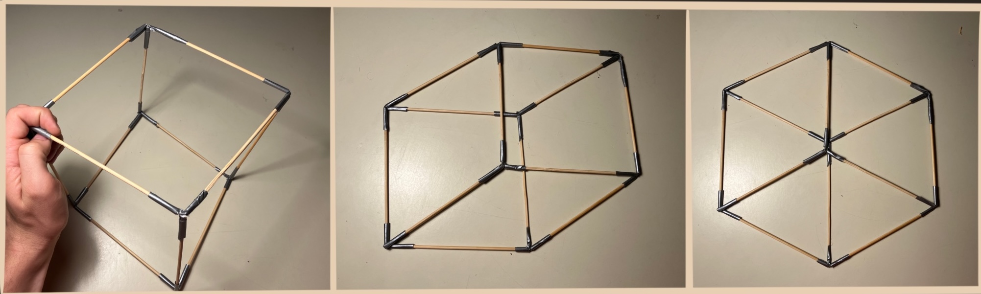 12 sticks taped together into the shape of a cube. first they are 3D. Then, i push them down into the plane. Finally, i align the vertices.