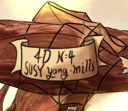 Zoomed in on the top of the trunk, the sign says 4D N=4 SUSY